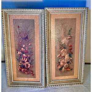 Set of 2 Vintage MCM Roberto Framed Butterfly Flower Botanical Prints Litho